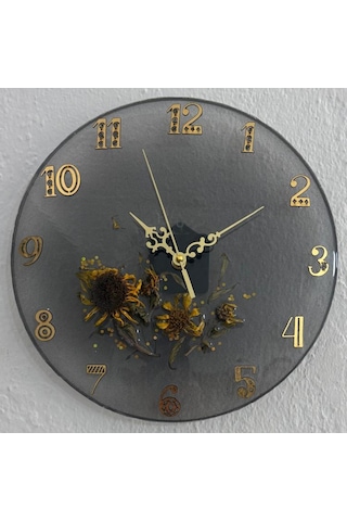 Ayçiçeği Temalı Gold Detaylı Epoksi Duvar Saati Özel Tasarım - Tek Üretim - 30 Cm Siyah