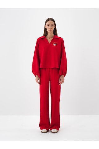 Xint Kırmızı Pamuk Dokulu Oversize Sweat Pantolon 470452