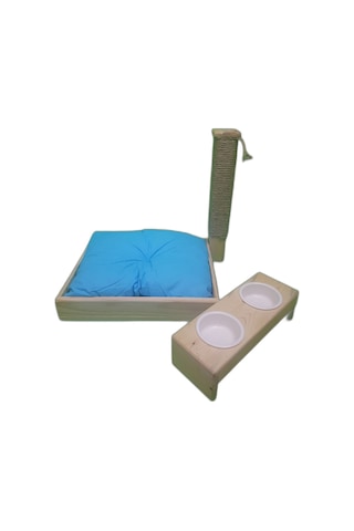 KEDİ TIRMALAMA TAHTASI+KEDİ YATAĞI+MAMA VE SU KABI MAVİ