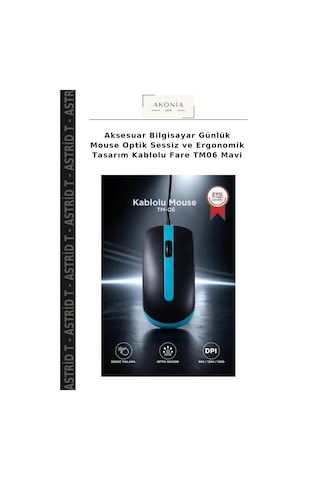 Aksesuar Bilgisayar Günlük Mouse Optik Sessiz Ve Ergonomik Tasarım Kablolu Fare Tm06 Mavi