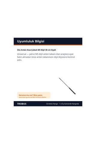 Trobus Oto Anten Kısa Çubuk M5 Dişli 30 Cm Siyah