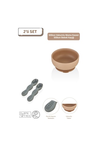 2'li Silikon Bebek Beslenme Seti / Mama Kasesi / Mama Kaşığı - Moka Mocca
