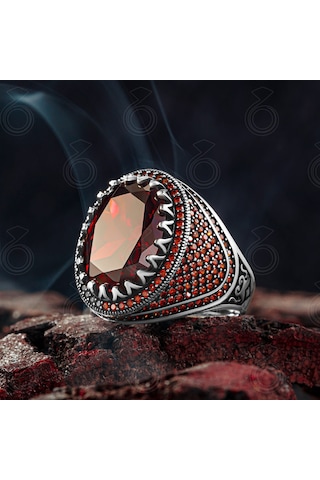 Gümüş Kırmızı Zirkon Taşlı Erkek Yüzük Gümüş - Altın