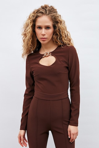 Sateen Zincir Detaylı Bluz - Kahve-132892