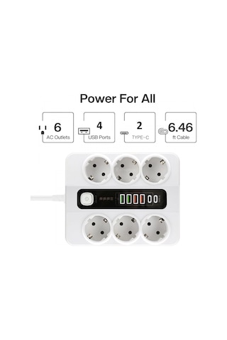Hp-h04 Termal Akım Korumalı 3000w 3.6 Amper 6 Lı Priz 2 Metre Uzatma Kablosu Çoklu Priz 4 Usb 2 Type C Pd Girişli H 0
