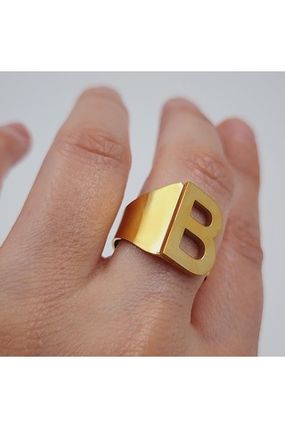 Çelik Gold Düz Kesim Harf Yüzük -b Harfi- Ayarlı Ölçü-1889 Altın