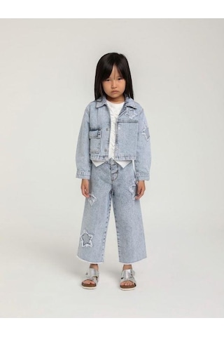 Kız Çocuk Yıldız İşlemeli Cepli Kot Ceket-15648 Mavi