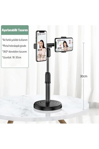 Ally Masaüstü Youtube Tiktok Canlı Yayın Çift Telefon Tutucu Stand- 5775 Siyah
