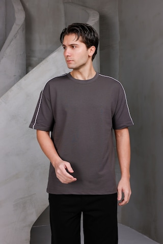 Erkek Şeritli Oversize Bisiklet Yaka 2 İki İplik Kompakt T-shirt Kahverengi