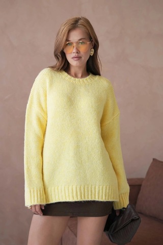 Kadın Bisiklet Yaka Yumuşak Dokulu Oversize Triko Kazak 3032 Sarı