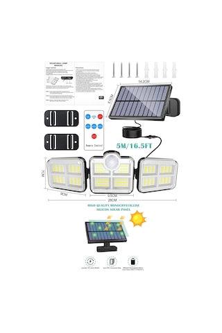 Technojet 122 Ledli Solar Güneş Enerjili Kumandalı Hareket Sensörlü Bahçe Aydınlatma Sokak Lambası Çok Renkli