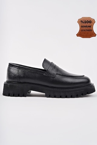 Muggo Paradise Hakiki Deri Kalın Taban Günlük Casual Makosen Kadın Loafer Ayakkabı Siyah