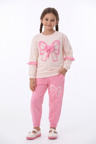 Beka Kids Kız Çocuk Kurdele Detaylı Siyah Sweatshirt Pantolon Alt Üst Takım Pembe