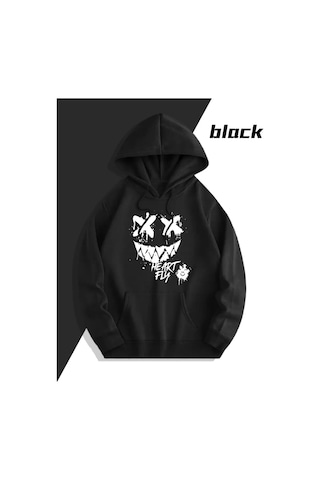Nevermind Sevgili Kombini Oversize Hoodie Heart Fly Gülüş Baskılı 3 İplik Siyah