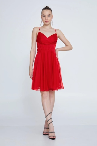 Doridorca Kadın Askılı Sırttan Çapraz Bağlamalı Kısa Abiye Elbise 6025 Kırmızı Kırmızı