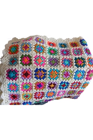 El Örgüsü Etnik Otantik Motifli Ekru Koltuk Şalı 95 Cm X 95 Cm Çok Renkli