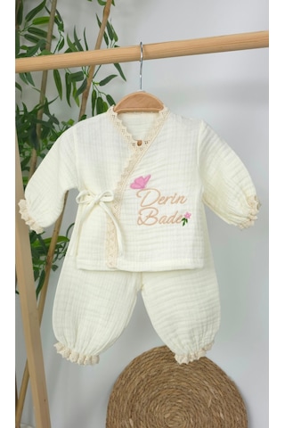Gros Shop Müslin Yeni Doğan 4katlı Organik %100pamuk Kişiye Özgü Nakışlı Hastane Çıkış Seti Tavşan Model-3 Ekru-6