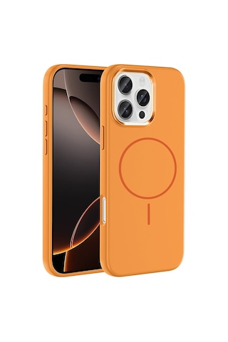 Zore Apple iPhone Uyumlu 16 Pro Kılıf M-safe Şarj Özellikli Metal Kamera Çerçeveli Omsy Edi Silikon Kapak - Turuncu