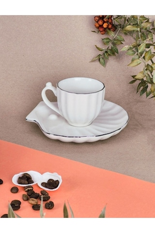 Elta Collection 2 Kişilik Porselen Türk Kahve Fincan Takımı İstiridye Desenli Tabak Gerçek Gümüş Yaldızlı Gümüş 2 Li