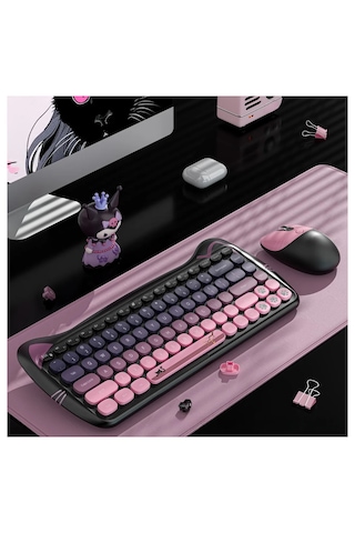 Geezer Cat Kablosuz Klavye Mouse Seti 2.4g Kedi Kulaklı Sevimli 84 Tuş Kompakt Renkli Set Optik