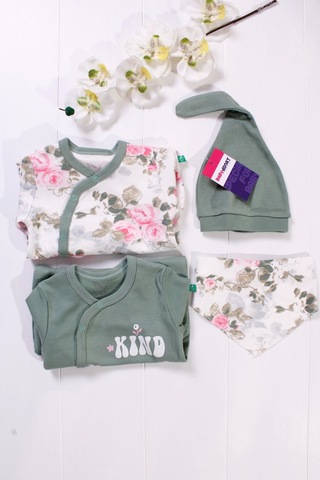 Kind İs Cool Desenli Nakışlı Kız Bebek 4'lü Tulum Seti Yeşil