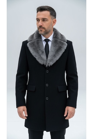 Plus Scorpion Erkek Uzun Kaşe Kaban Çıkartılabilir Kürk Yaka, Astarlı Ve Cepli Slim Fit Mont Bej, Gri, Siyah, Taba Siyah