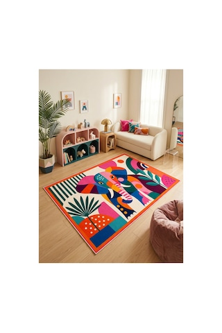 Renkli Fil Desenli Çocuk Halısı Dijital Baskı Modern Bebek Ve Çocuk Odası Dekoratif Halı Çok Renkli
