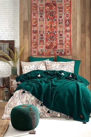 İyi Geceler İstanbul Boho Chic Yeşil Çift Kişilik %100 Pamuk Nevresim Takımı ve Püsküllü Battaniye