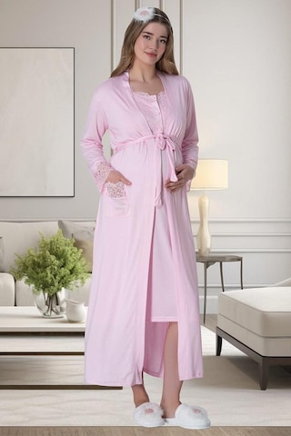 Mecit Pijama Mecit 6065 Kadın Hamile Lohusa Pembe Sabahlık Gecelik Pijama Set 001
