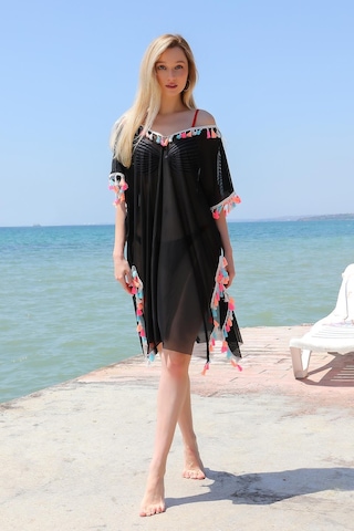 Modi Moda Çizgi Kadın Püsküllü Tunik Pareo Plaj Elbisesi Siyah 38048