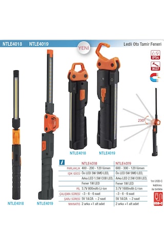 Nt Tools Ntle4019 Ledli Tamirci Feneri Çift Taraflı 600 + 300 Lümen Siyah - Turuncu