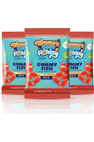 Tommy S Gone Fishing Bitki Bazlı Çilekli Gummy Fish Ve Lezzetli Vegan Atıştırmalık 128 G 3 Adet