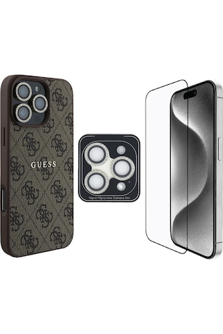 Apple iPhone 16 Pro Guess Lisanslı 3in1 Aksesuar Seti Kılıf + Ekran Ve Lens Koruyucu Kahverengi