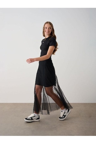 Kız Çocuk Tül Detaylı Astarlı Etek-14786 Siyah