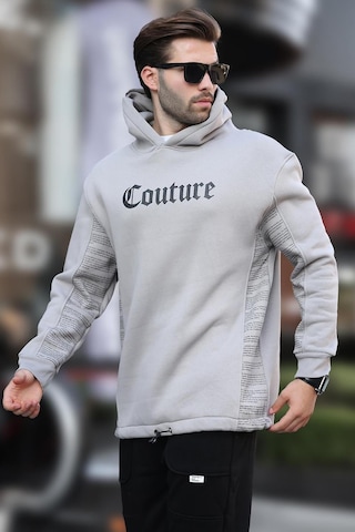 Madmext Boyalı Gri Kapüşonlu Baskılı Erkek Sweatshirt 7090 Gri