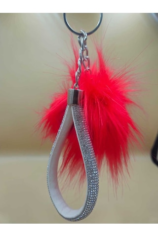 Gümüş Taşlı Tilki Tüyü Kırmızı Angel Anahtarlık