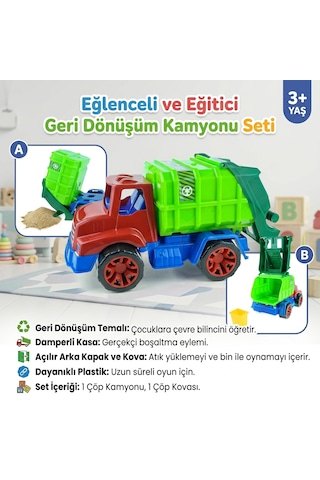 Oyuncak Çöp Kamyonu Ve Çöp Kovası Seti 25x15x13cm Hareketli Kasa Açık Bej