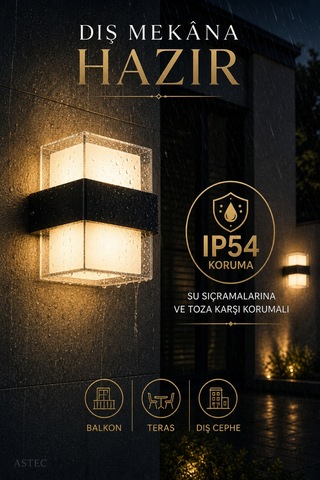 Astec Elektrikli Elit 12w Kare Led Duvar Aplik Suya Toza Dayanıklı 3200k Gün Işığı İç Dış Mekan Balkon Bahçe