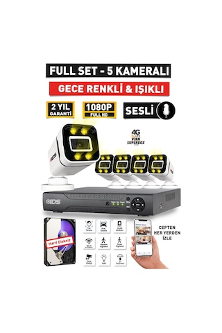 Sesli - 5 Kameralı Fullhd Gece Renkli Ve Işıklı Güvenlik Kamerası - Kamera Seti Hard Disksiz