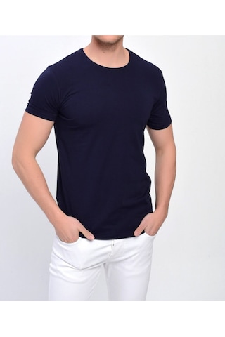 Nacar Store Erkek Siyah Bisiklet Yaka Likralı Basic T-shirt Lacivert
