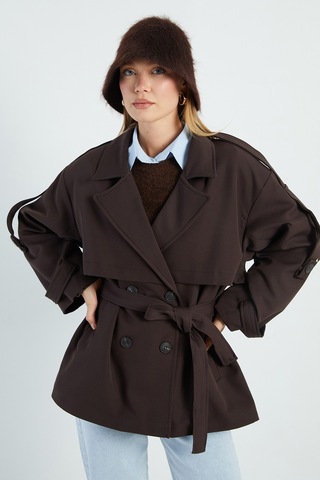 Fullamoda Beli Kemerli Kruvaze Yaka Oversize Trençkot Kahve