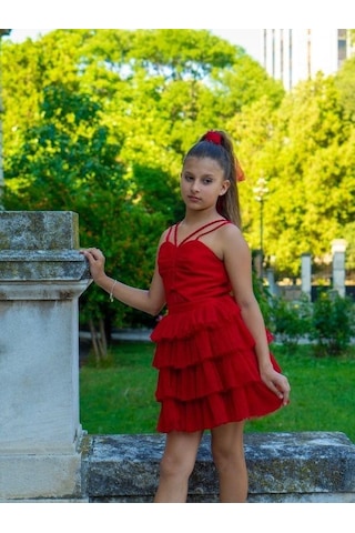 Zekids Kız Çocuk Simli Önü Pencere Detaylı Kısa Kat Kat Tasarım Abiye-15758 Kırmızı