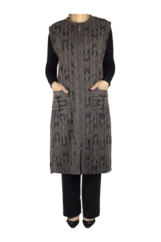 Önü Fermuarlı Desenli Cepli Kalın Kışlık Yelek Kahverengi