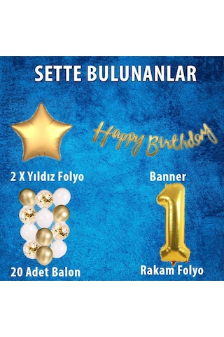 Gold Konsept 1 Yaş Doğum Günü Kutlama Seti; Beyaz Gold Konfetili Balon, Rakam Yıldız Folyo ve Banner