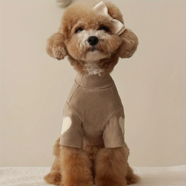 Elmpaly Kahverengi Kalp Desenli Polyester Küçük Köpek Kazak Tüm Mevsimler Makinede Yıkanabilir