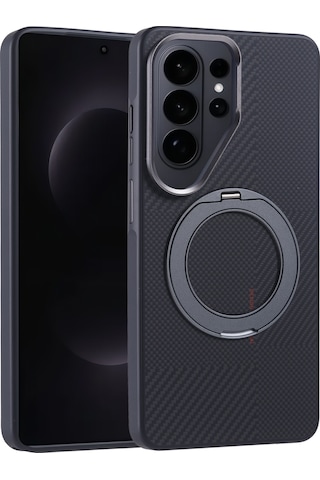 Ardemix Samsung Uyumlu Galaxy S26 Ultra Kılıf M-safe Şarj Özellikli Karbon Fiber Görünümlü Zore Standlı Troy Kapak - Siyah