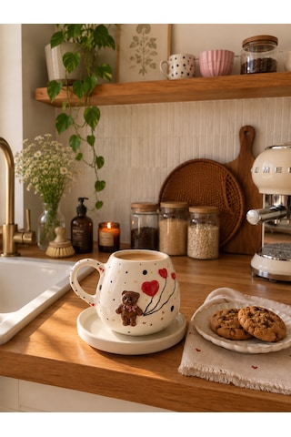 Teddy Ayıcıklı Kahve Ve Çay Fincanı Beyaz - Krem