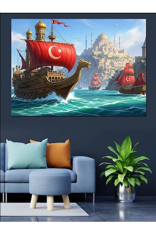 Türk Bayraklı Tarihi Gemi Dekoratif Kanvas - Mdf Ahşap Tablo