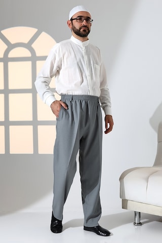 Erkek Rahat Kesim Beli Lastikli Cepli Hac Ve Umre Kumaş Şalvar Pantolon - Gri Krk Gri