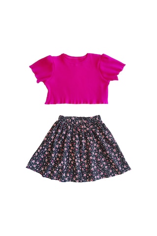 Etekli Crop Takım, Bürümcük Etek - Pamuklu Fuşya Crop Fuşya-bürümcük Fuşya